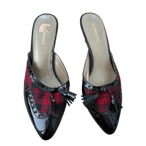 Liz Claiborne Trinity Mules Plaid Kitten Heel 7.5 Red Black y2k 90s